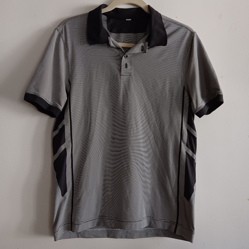 Lululemon‎ Short Sleeve Polo Striped Black White Shirt M  Golf Sports Stretch